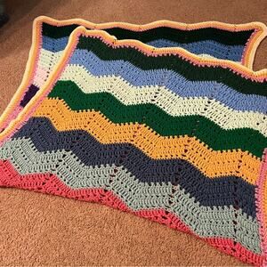 Handmade Crochet Multicolor Chevron Stripe Afghan Throw Blanket Granny Core